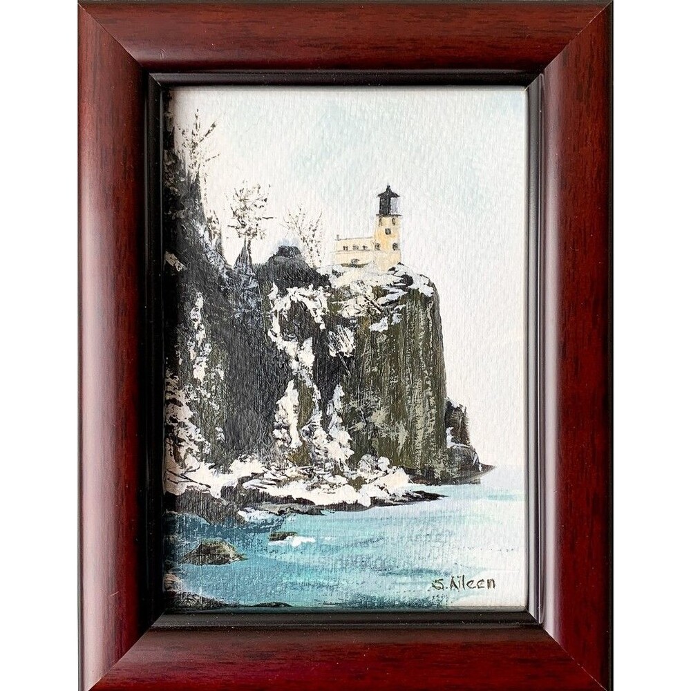7x9 Framed Original Oil Painting Lighthouse Split Rock North Shore MN Art Signed